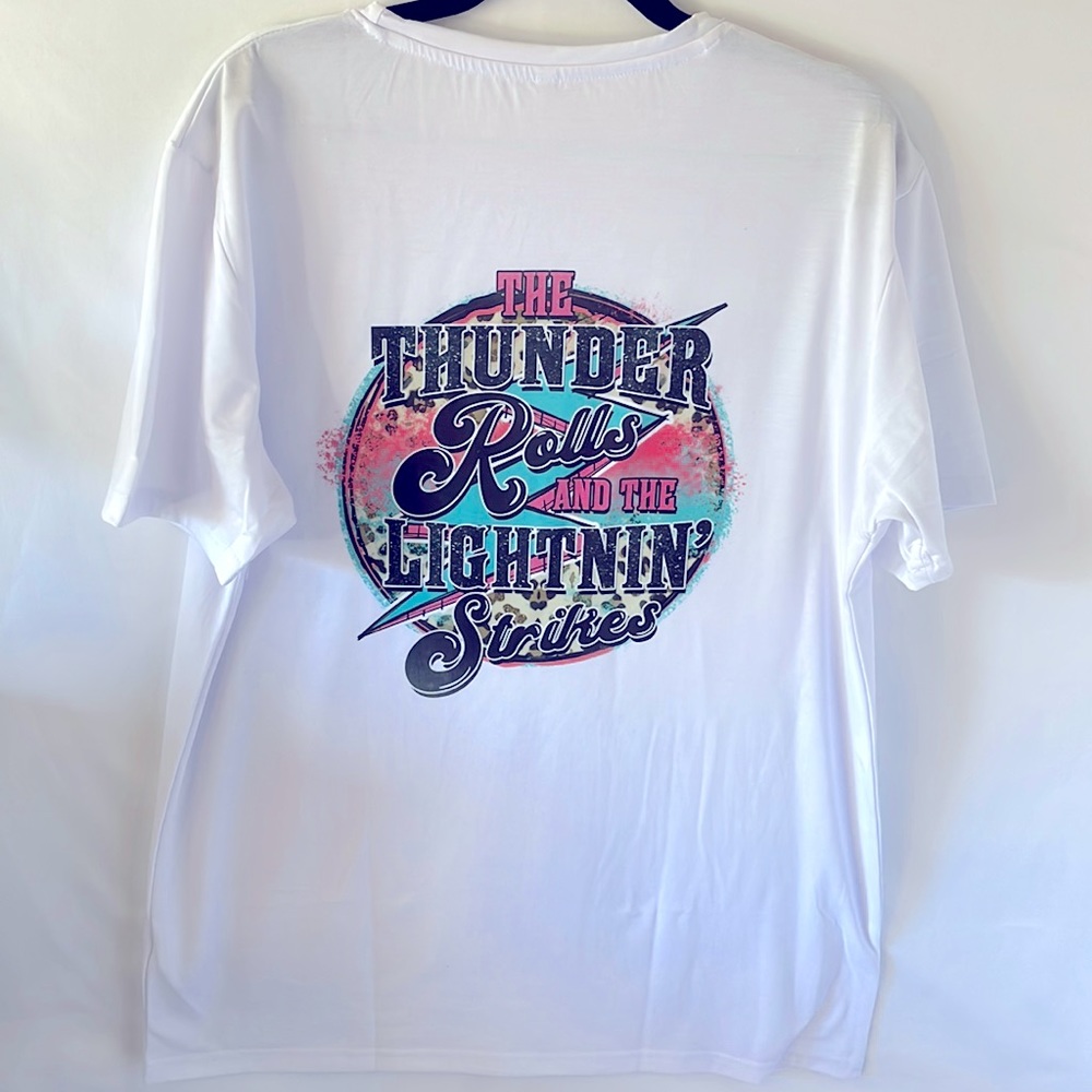 Graphic tees Cricut white T-shirt size lg thunder rolls design on back h…